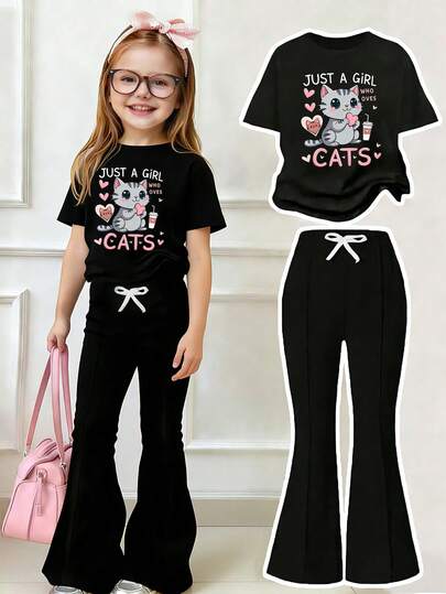 Young Girl Cartoon Cat Print Short Sleeve T-Shirt And Skinny Bell-Bottom Pants Casual Outfit