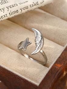 YUNCHUN 2pcs Adjustable Stainless Steel Five-Pointed Star Rings, Gold Color, Beautiful Jewelry Gift For Women - Stars and Moon - View 3