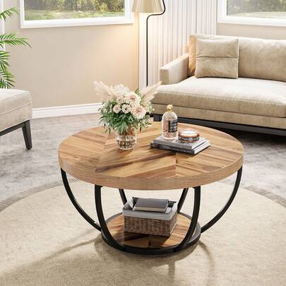 Tribesigns 2-Tier Coffee Table, 31.7" Wooden Circle Side Table With Storage Shelves, Modern Accent Cocktail Tea Table Center Table For Living Room, Home Office, Light Brown And Black Furniture