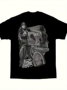 Chicano Street Art Graphic T-Shirt For Men - Design DGA D Gonzales Lowrider Bicycle & Palm Tree, 230G, Regular Fit 50% And Casual Fit, Comfortable Clothing For Adults, Suitable For All Seasons. - 黑色 - 查看 2