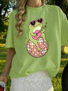 1 Piece Frog Disco Teen T-Shirt For Girls, Heart Sunglasses & Guitar Graphic Top, Spring & Summer School Daily Wear - Green - View 1