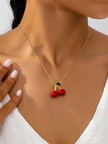 1pc Cherry Pendant Necklace, Minimalist Fashion Elegant High-End Women's Valentine's Day Gift Choker Necklace - Red - View 3