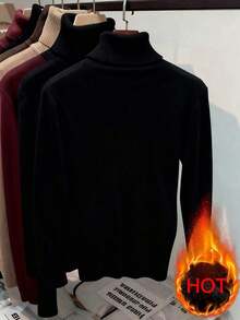 Franclia European Style All-Match Turtleneck Thick Velvet Slim Fit Warm Long Sleeve Knit Sweater, Versatile For Autumn/Winter Knit Pullover Fall Outfit - 黑色 - 查看 2