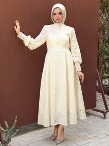 DAZY Elegant Solid Color Lace Stand Collar Long Sleeve Midi Dress For Wedding Guest, Spring,Fall Dress - Apricot - View 3