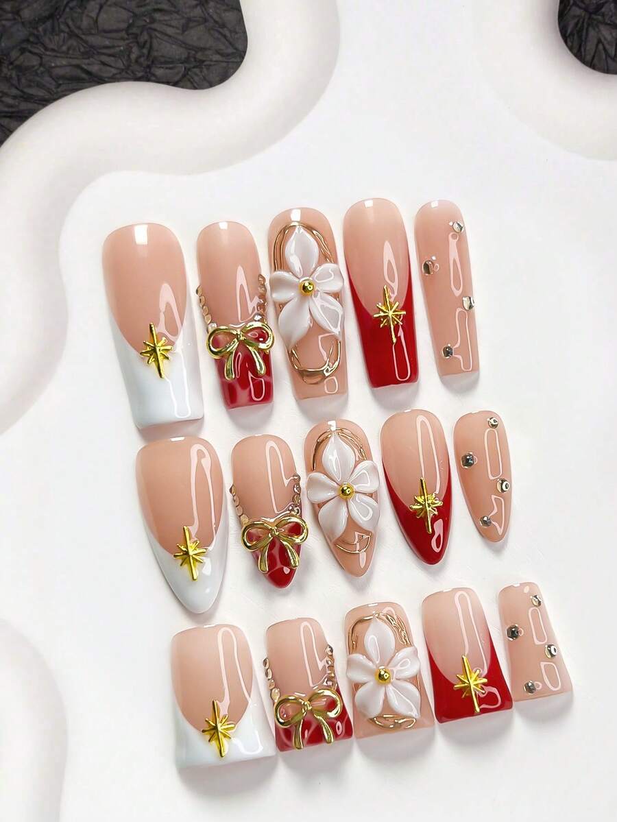 10pcs Elegant & Luxurious Acrylic Nail Art Set, Includes Press-On Coffin Nails, Almond Nails, Duck Billed Nails, French Nail Stickers, Alloy Bowknots, Star Nail Decorations, Champagne Rhinestone Nail Stickers, Red Nail Polish, White Glitter Gel, White Floral Nail Decals, And Tools (1 Jelly Sticker + 1 Nail File). Suitable For Women To Wear To Parties, Holidays, Weddings, And Makes A Great Gift. Nail Supplies Handmade Press On Nails - Multicolor - View 1