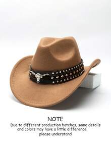 1pc Unisex Retro Western Cowboy Hat With Horn Pattern, Suitable For Casual Wear And Western Cowboy Party - Three-row Rivet Cowboy Hat - View 16