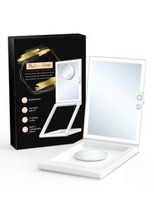 LED Lighted Makeup Mirror, 3-Color Lighting, Dimmable, 10X Magnification, Foldable Tabletop Vanity Mirror, Adjustable Angle - White - View 5