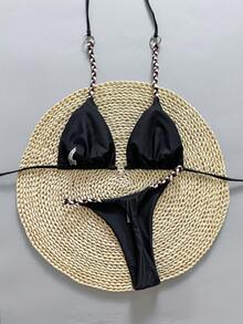 2pcs Casual Cute Elegant Sexy Bohemian Floral Tie-Up Braided Bikini Swimsuit, Beach Vacation, Spring/Summer