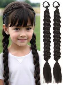 16-Inch Children's Synthetic Braided Ponytail Hair Extensions With Elastic Headband, Natural Black-Brown Wig - Multicolor - View 11