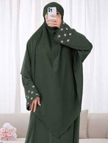 2pcs Set: Khimar Hijab Prayer Headscarf + Abaya With Embroidered Cuffs, Loose & Comfortable Muslim Clothing For Women, Suitable For Daily Wear And Prayer, All Season - 彩色 - 查看 31