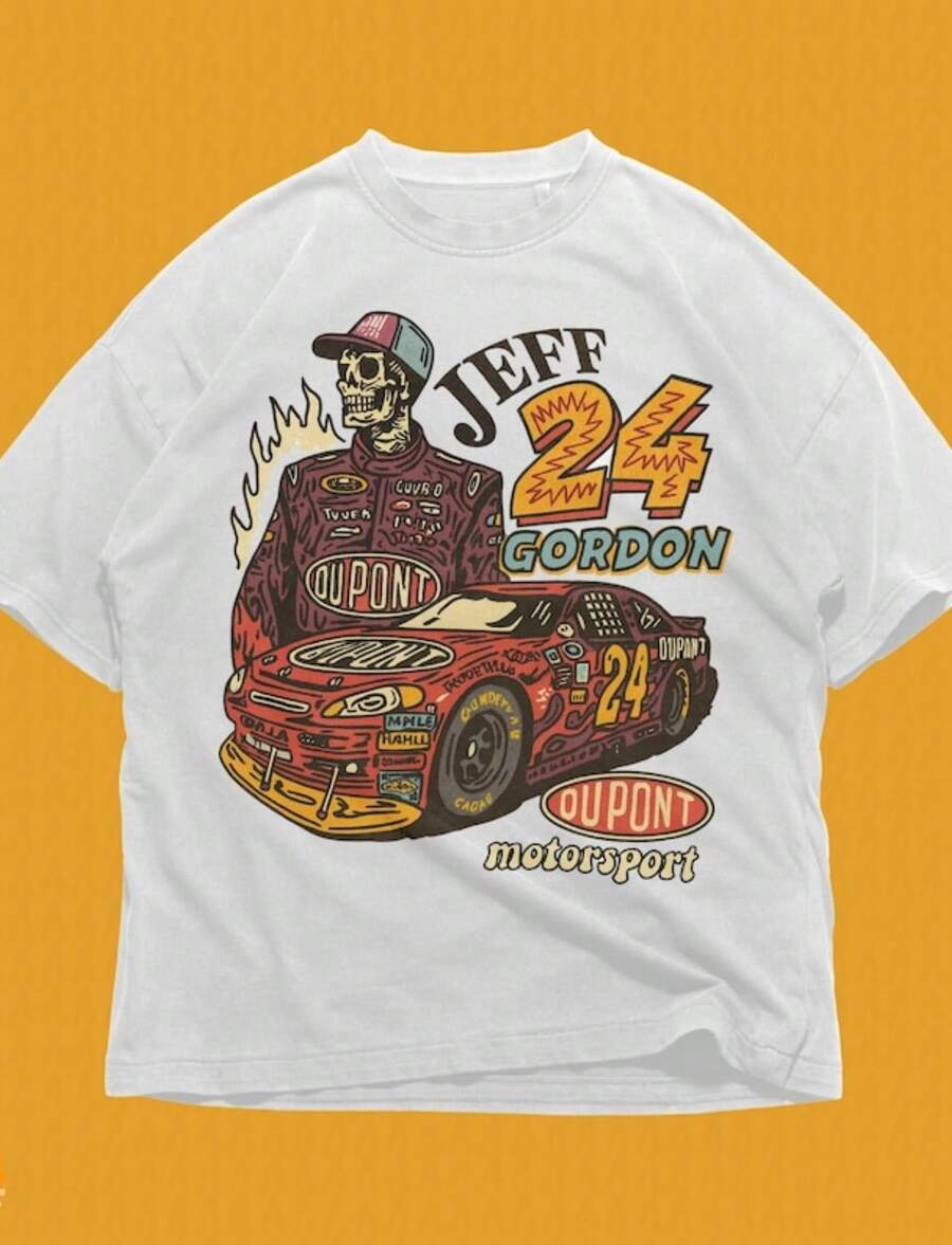 Everyday Jeff Gordon Racing Skeleton Car Graphic Crew Neck T-Shirts Number 24 Accent Short Sleeve Y2k Casual Wear Suitable For All Seasons Machine Wash For Racing Events And Daily Wear - 白色 - 查看 1
