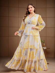 Plus Size Women Butter Yellow Crossover V-Neck Frill Trim Elastic Waist Random Floral Print Maxi Dress Spring Elegant - Yellow - View 5