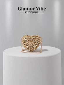 Mini Shiny Heart-Shaped Rhinestone Evening Bag, Crossbody Bag, Suitable For Banquets, Parties, Weddings, Fashion Shoulder Bag, Birthday Gift, Valentine's Day Gift, Party Bag Perfect For Party Wedding Prom Dinner/Banquet Matching With Holiday Party Dress Evening Dress & Sequin Dress, Fashion Heart Purse, Perfectly Match With Valentine Day Dress , Sequin, Party Bags - Gold - View 7