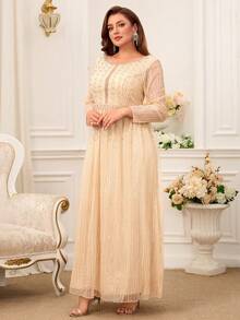 Plus Size Beaded & Sequin Trim Maxi Formal Evening Gown - Apricot - View 3