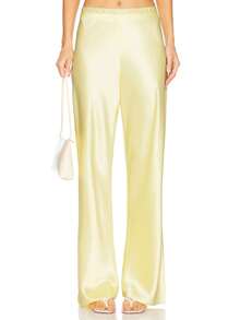 Women's Spring Summer Satin Pants High Waist Solid Color Loose Wide Leg Trousers - Màu vàng - Xem 3