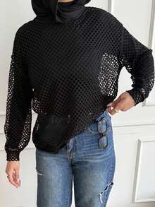 DAZY 女士宽松透视网纱上衣，外出上衣，节日长袖女式上衣，秋季女装春季款 - 黑色 - 查看 1