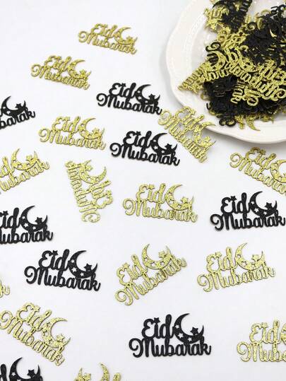 50pcs/Set Black & Gold Glitter Eid Mubarak Star & Moon Pattern Confetti For Middle Eastern Muslim Eid Party Table Decor, DIY Craft Supplies