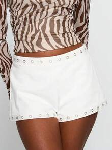 Women Low Waist Studs Fold Over Micro Short Punk Y2K Casual Mini Bottoms Shorts Pj  Skinny Yoga Pajamas - 白色 - 查看 2