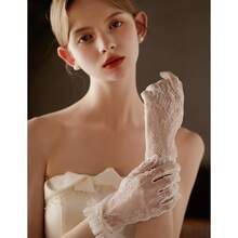 Short Lace Mesh Gloves Tulle Border With Pearls Wedding Opera Tea Party Gloves For Women Formal,OneSize,Ivory-1 - Ivory-1 - View 3