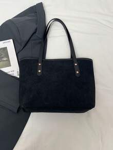 1 pièce Nouveau sac à main en daim grande capacité pour femmes, fermeture éclair, poignées doubles avec nœud papillon en métal. Couleur noire, convient aux jeunes femmes, pour le travail, les courses, les voyages, les occasions décontractées et professionnelles. Idéal pour l'utilisation quotidienne des femmes.