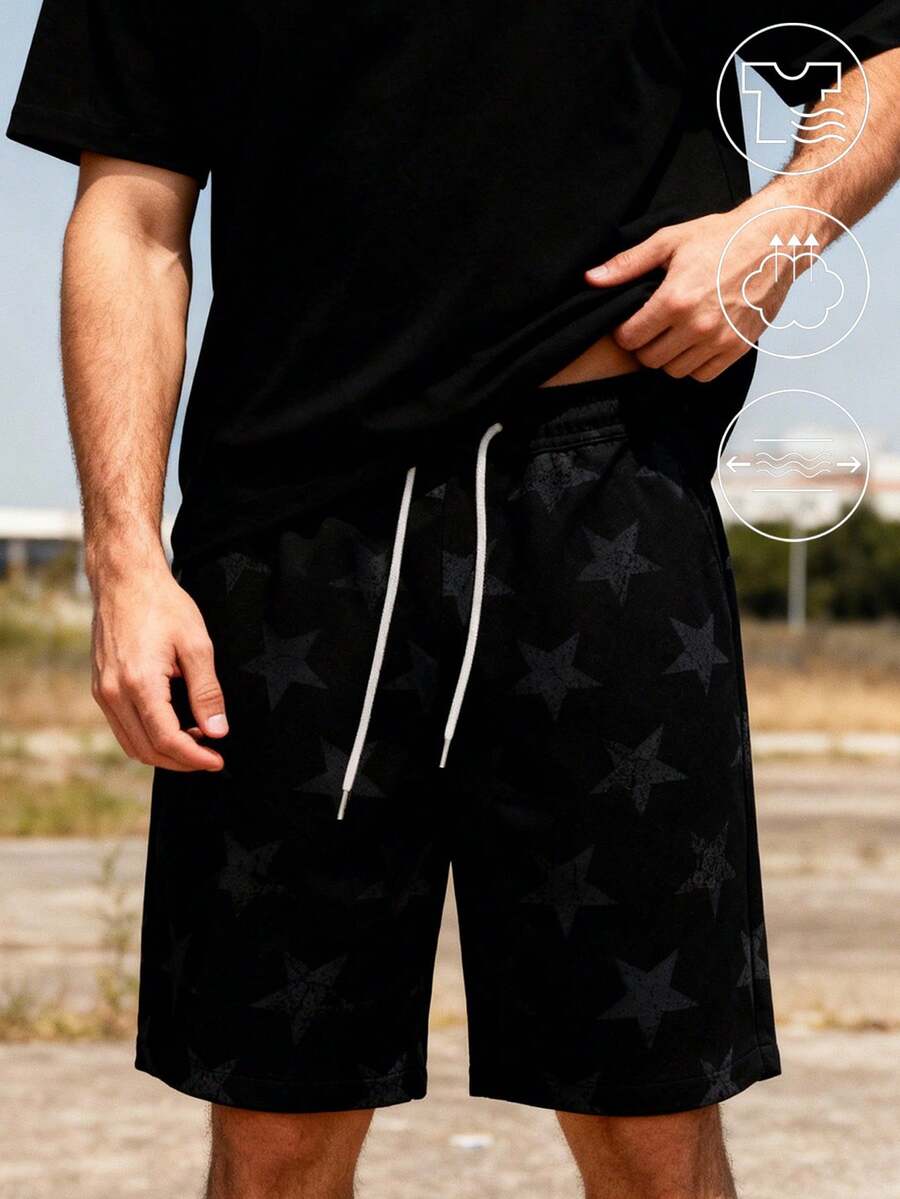 Quần short nam màu đen in họa tiết sao, có dây rút, nhanh khô, thích hợp mặc mùa xuân/hè. - màu đen - Xem 1