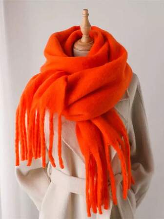 1pc Solid Color Scarf, Warm Neck Wear, Thick Knitted Fringed Shawl, Suitable For Winter