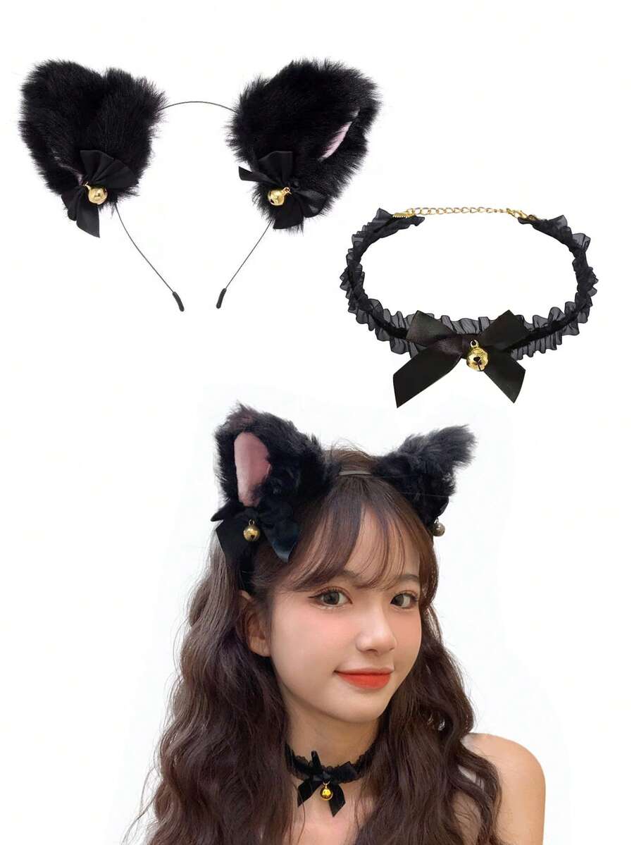 2件装女士性感猫耳发箍，带铃铛和蝴蝶结，派对装饰，万圣节礼物，秋季时尚发饰，情人节装扮