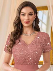 MIUSOL Sequin Lace V-Neck Ruffle Hem High Slit Bodycon Cocktail Dress - Dusty Pink - View 11