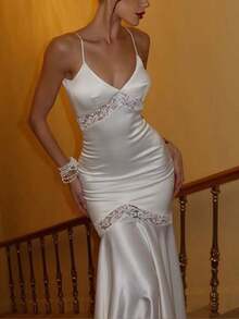 Party  Elegant    Backless  Contrast Lace    Formal & Evening - White - View 2