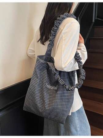 Nuova borsa a tracolla casual e alla moda in stile coreano, con motivo a quadri, cinturino plissettato, ampia capacità, pieghevole, adatta per studenti universitari, leggera, ideale per lo shopping e le vacanze, per donne