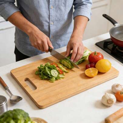 Esta tabla de cortar de bambú de alta calidad y gruesa es duradera y de larga duración. Es una tabla de cortar de madera rectangular adecuada para preparar carne, verduras, frutas y a la parrilla. Disponible en tamaños pequeño, mediano y grande.