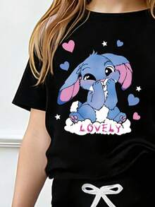 Young Girl Cartoon Print Short Sleeve T-Shirt And Skinny Flared Pants - Black - View 3