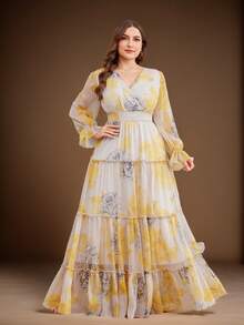 Plus Size Women Butter Yellow Crossover V-Neck Frill Trim Elastic Waist Random Floral Print Maxi Dress Spring Elegant - Yellow - View 6