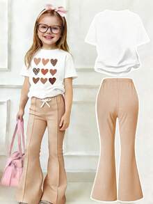 Toddler Girls' Cartoon Print Round Neck Short Sleeve Top And Flare Pants Set - White - View 2