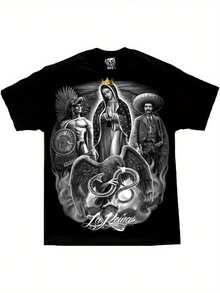 David Gonzales Men's Black T-Shirt - Our Lady Of Guadalupe, Crowned Woman And Warrior - DGA Artistic Collection - Hispanic Catholic Clothing - Machine Washable, Short Sleeves, Premium Fabric, Bold Print, Casual Top For The Community Of Faith - 黑色 - 查看 1