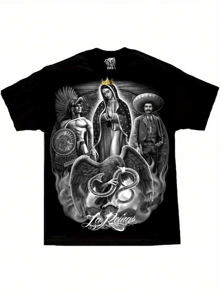 David Gonzales Men's Black T-Shirt - Our Lady Of Guadalupe, Crowned Woman And Warrior - DGA Artistic Collection - Hispanic Catholic Clothing - Machine Washable, Short Sleeves, Premium Fabric, Bold Print, Casual Top For The Community Of Faith - 黑色 - 查看 1