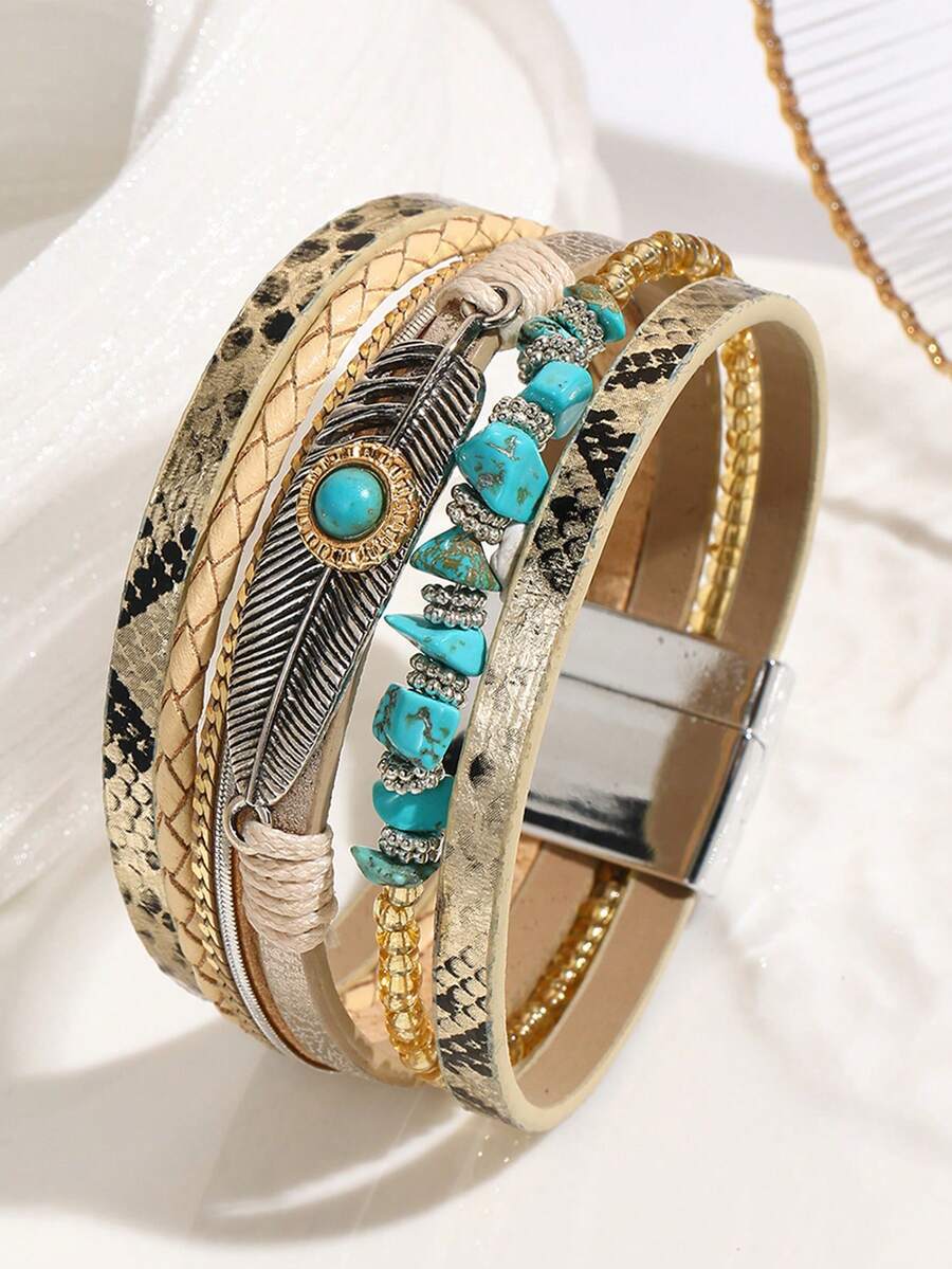 1pc Women's New Magnetic Bracelet, Creative Crushed Stone & Feather Leather Design, Suitable For Gifting To Friends Or Everyday Wear - Khaki 1 - View 1