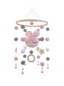Rabbit Head & Pentagram Squinting Bamboo Wooden Wind Chime Bed Bell, Nursery Decor - Pink - View 1