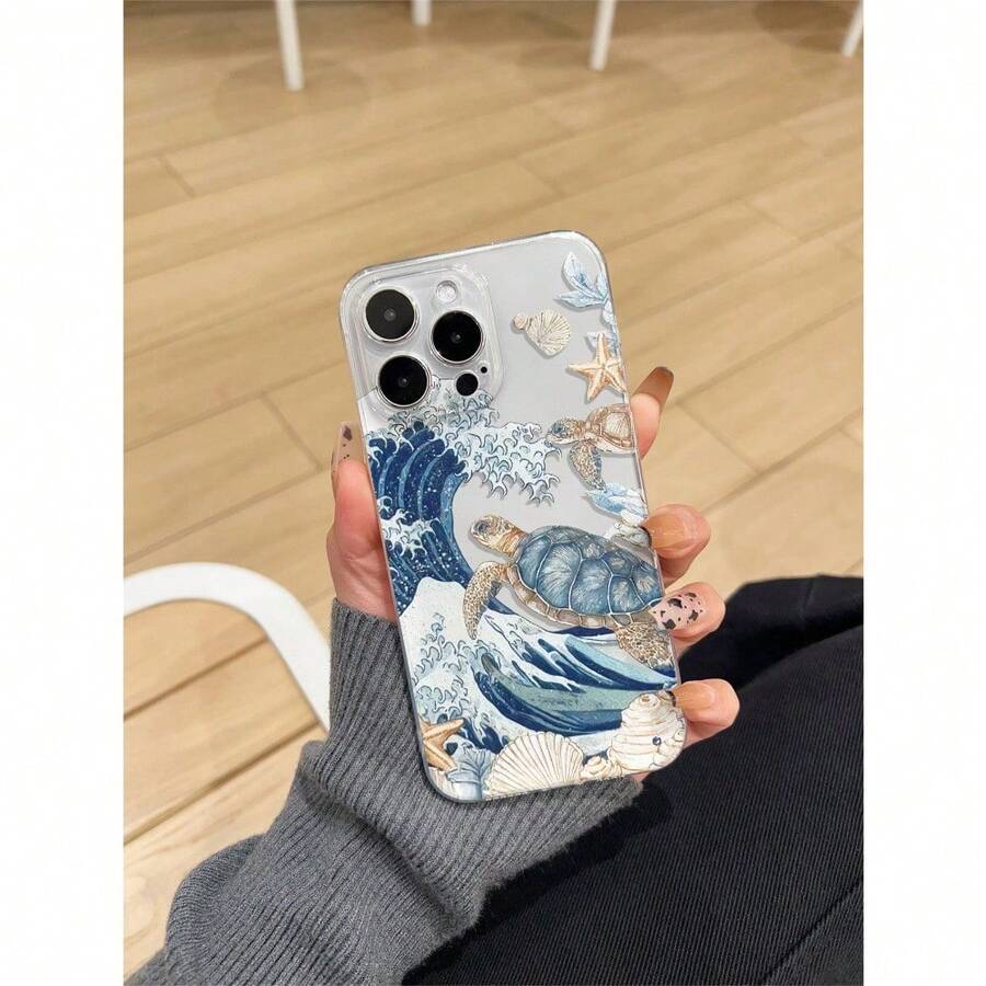 UV Painted Thick Transparent Anti-Drop TPU Phone Case, Featuring Sea Turtle & Wave Pattern Design, Compatible With  16/16 Plus/16 Pro/16 Pro Max,  15/15 Plus/15 Pro/15 Pro Max,  14/14 Plus/14 Pro/14 Pro Max, Galaxy S25 Ultra S23, S23+, S23 Ultra, S24, Infinix Series. Provides Lens Protection And Can Be Used As A Protective Cover, An Excellent Gift For Boyfriends, Girlfriends, New Year, Christmas, Halloween Or Valentine's Day. - 無色 - 查看 1