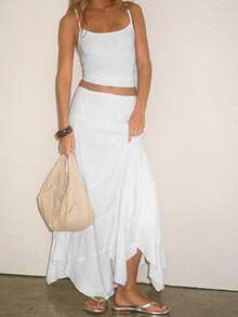 Women's  Stretchy High Waist Ruffle Asymmetrical Hem Flowy Midi Skirt - trắng - Xem 3