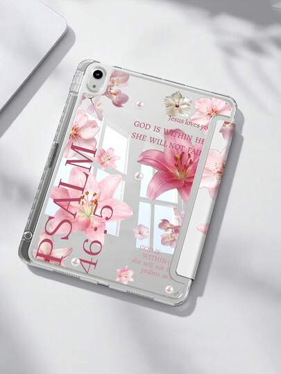 Surfplatta med mönster av liljor och slagord, kompatibel med iPad Air 11-tums M3 2025/M2 2024, iPad Air 5:e generationen 2022, iPad (A16) 11 tum 11:e generationen 2025, kompatibel med Galaxy Tab, Kindle Paperwhite 12:e generationen 2024, genomskinlig baksida, skyddande fodral med moderiktigt mönster, automatisk insomnings- och väckningsfunktion, krockkuddeskydd, lämplig för presenter och kontorsbruk