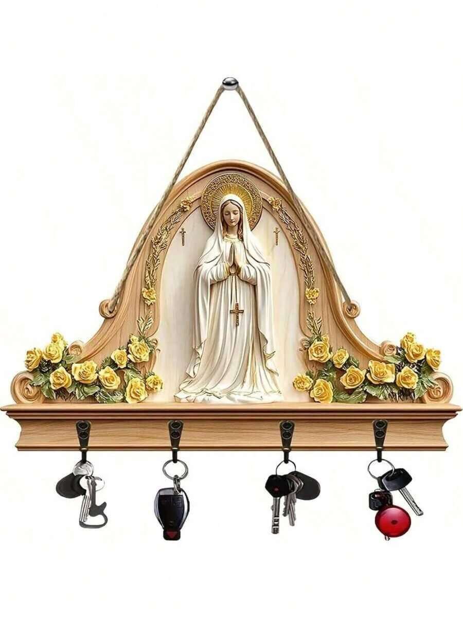 One Virgin Mary-Shaped Wooden Wall-Mounted Key Holder With Multi-Functional Hooks, Bohemian Farmhouse Style (Easy To Install). Can Be Hung On The Wall And Is Suitable For Porches, Rooms, Bedrooms, Cottages, And Various Year-Round Home Decor. - Multicolor - View 1