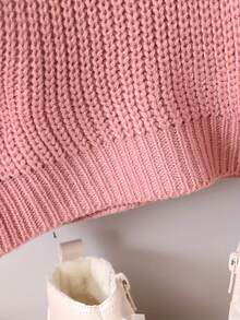 Girls' Fashion Knitted Pullover Sweater, Warm Crew Neck Top With 3D Embroidered Floral Design, Autumn/Winter - Pink - View 5