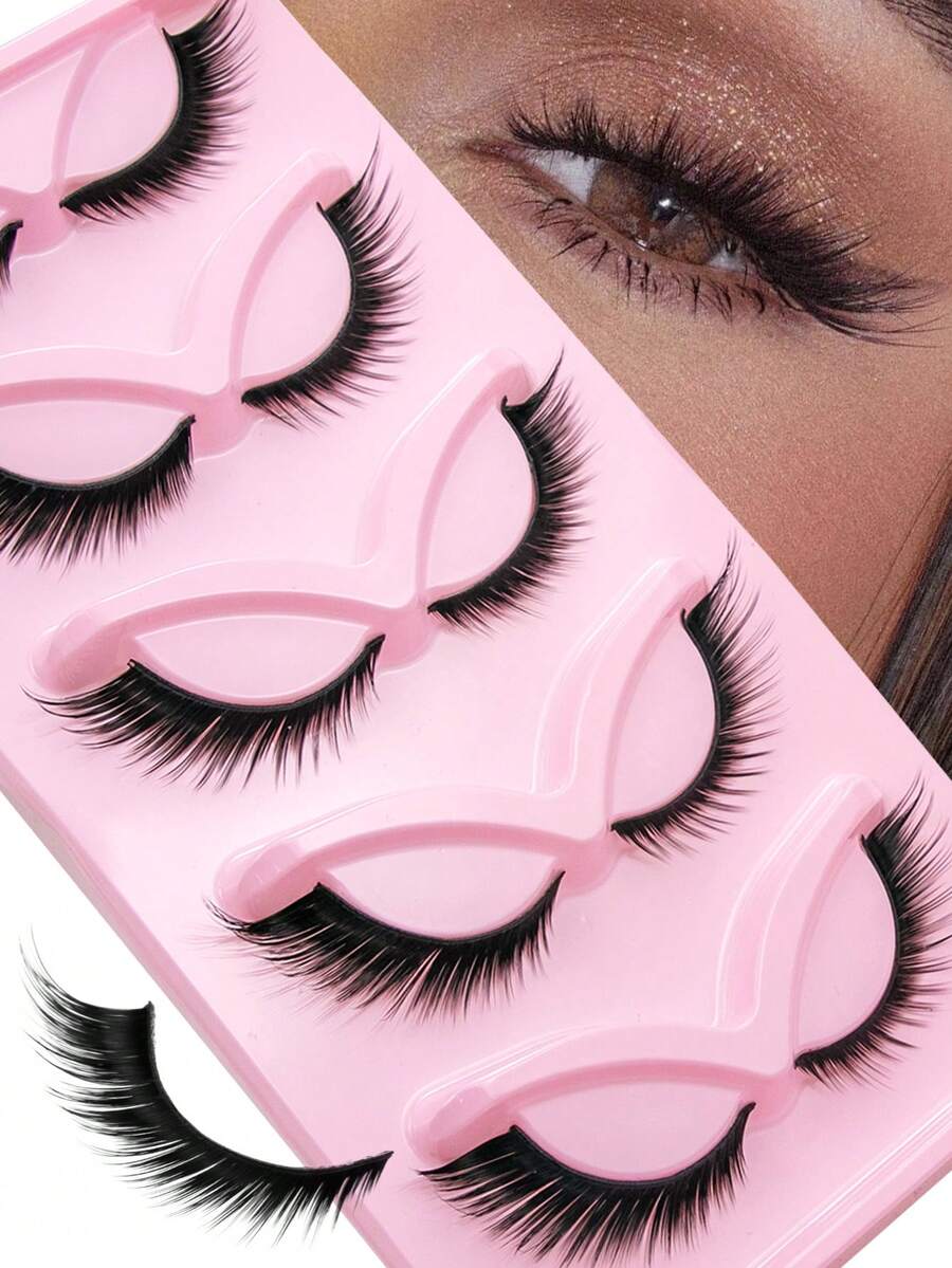 Colash 5 pares de pestañas postizas de ojo de gato naturales y desordenadas con banda transparente, pestañas de ojo de gato 0.07 con efecto wispy, extremo alargado y tira completa, suaves y realistas, pestañas postizas reutilizables adecuadas para fiestas y banquetes, con buen efecto impermeable y que no se caerán fácilmente - Negro - Ver 1