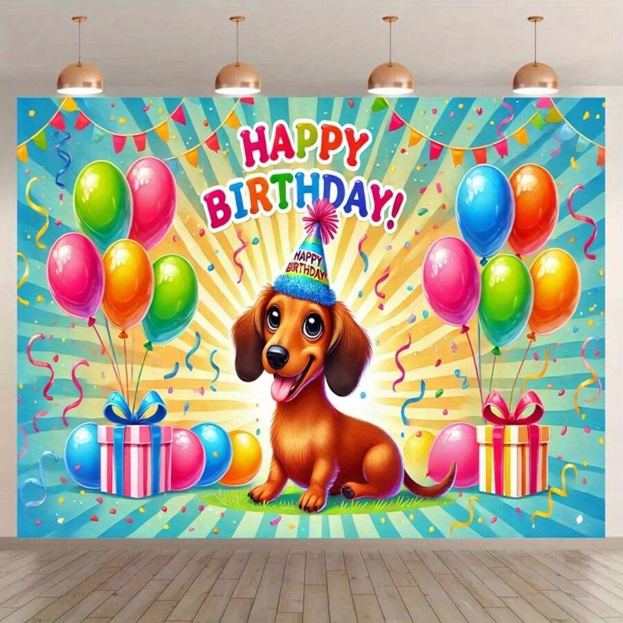 2D Flat A Bright And Colorful Cartoon Party Decoration With A Background Of A German Short-Legged Dog For A Happy Birthday, Featuring Balloons, Gifts And Festive Elements. Available In Multiple Sizes And 2D Flat Design, It Is Perfect For Birthday Celebrations And Theme Activities, As Well As Birthday Party Decorations
