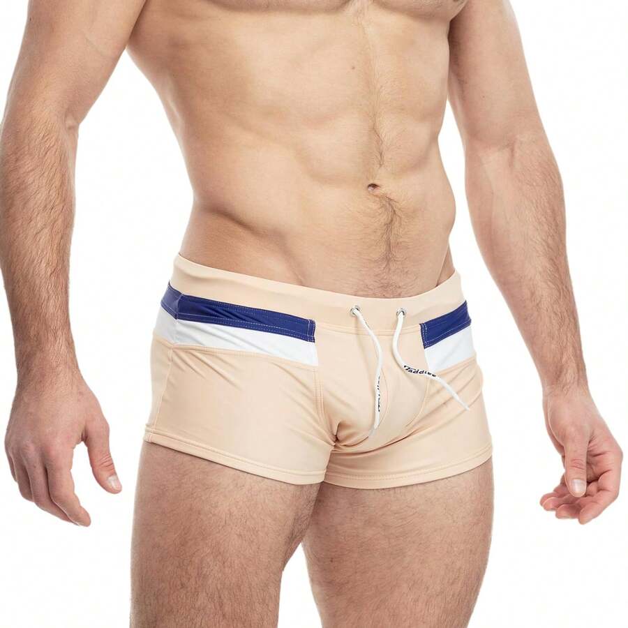 TADDLEE Mens Stripe Swim Briefs Retro Swimwear Sexy Bikini Swimsuit Print Bathing Suit - 杏色 - 查看 1