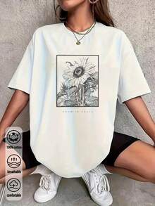 Luźna koszulka z nadrukiem słonecznika dla kobiet, na co dzień, na lato - Biały - Zobacz 2