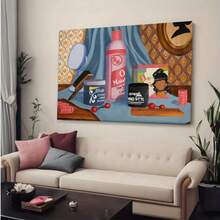 1pc Wooden Frame Canvas Print - Black Hair Salon Wall Art, Vibrant Hairdresser Scene With Cosmetics & Tools, Modern Living Room Decor, Valentine's & Easter Promotion Gift, Indoor/Outdoor Use - 多色 - 查看 3