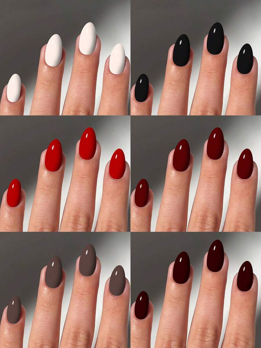 144 miếng (6 kiểu phối hợp) Móng tay giả acrylic ngắn hình bầu dục màu nâu, đỏ, đen, trắng, đỏ tía bóng, móng dán phủ toàn bộ móng, bao gồm 1 gel dán và 1 dũa móng, phù hợp cho phụ nữ và bé gái sử dụng hàng ngày, đi làm, học tập và dự tiệc. - Xem 1