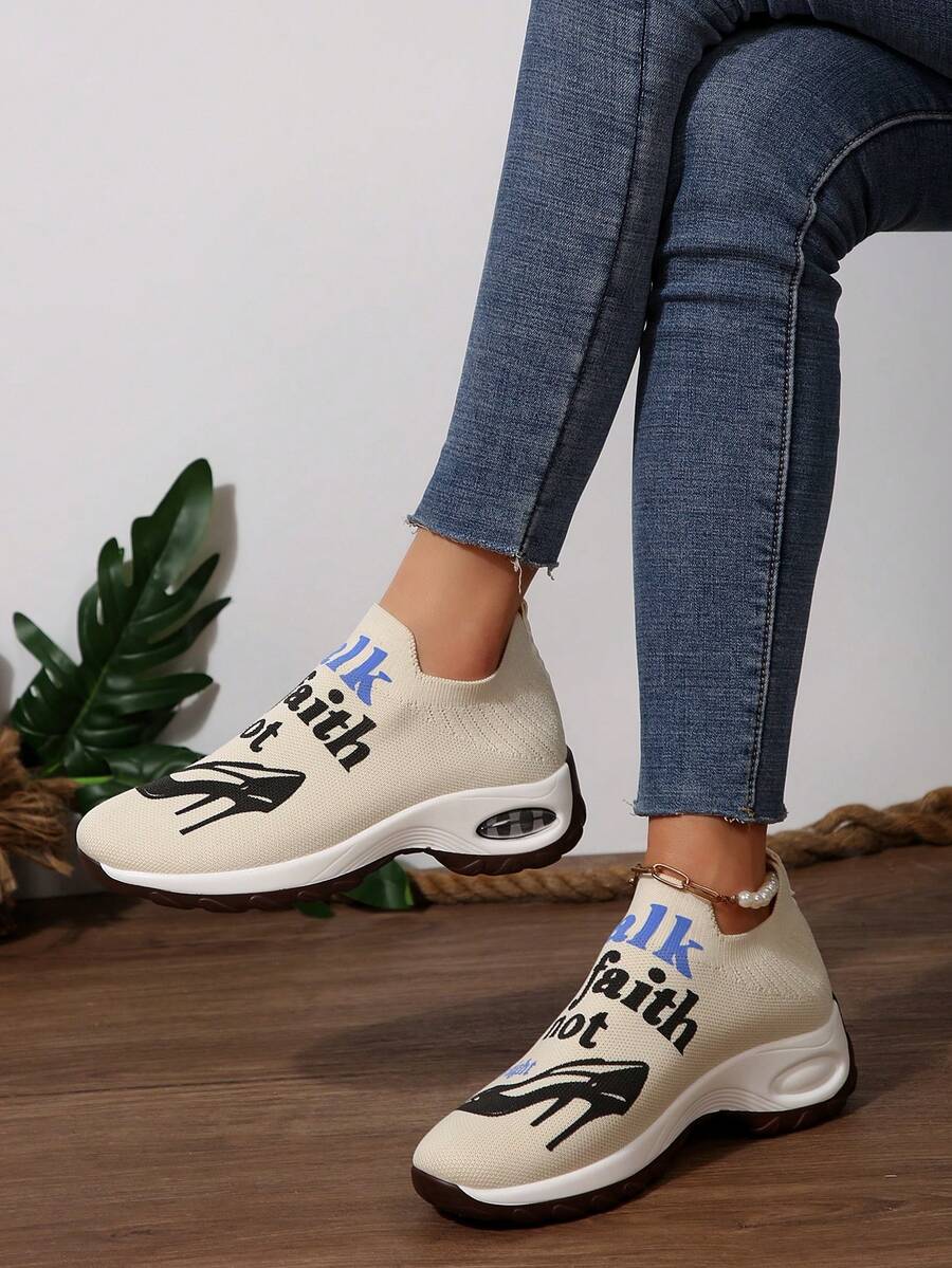 Air-Cushioned, Thick-Soled, Casual Shoes With Letter Graffiti, Women's Casual Sports Shoes, Lightweight And Breathable, Convenient To Wear At Home Or Out.